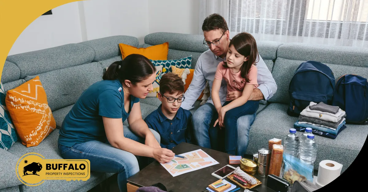 Family reviewing an emergency plan together with winter supplies on the table.