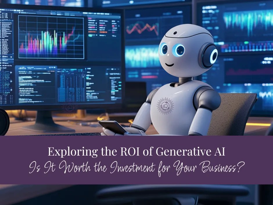 A friendly humanoid robot analyzing business data on multiple screens while holding a smartphone. The Social Mediology logo is displayed on its chest, representing AI-driven insights and decision-making for businesses.