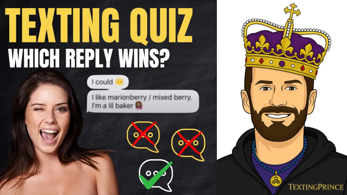 Woman smiling while sending multiple texts to a guy who stays calm and confident