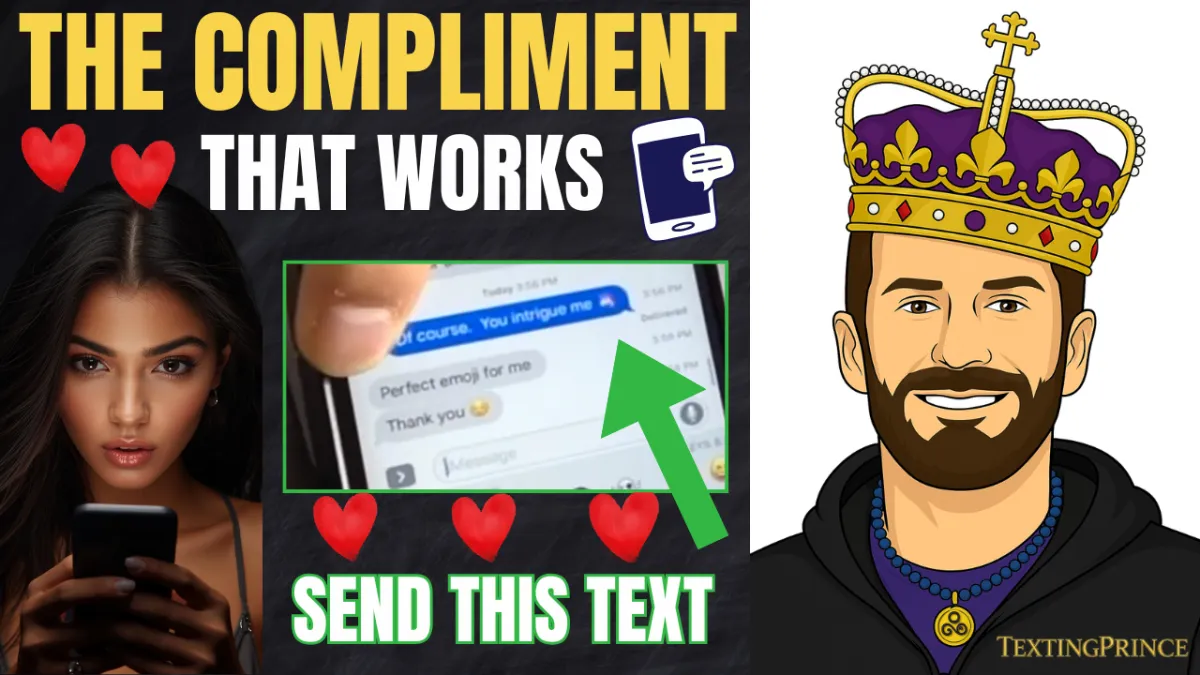 Man smiling while texting a woman, sending a confident and mysterious compliment that sparks curiosity.