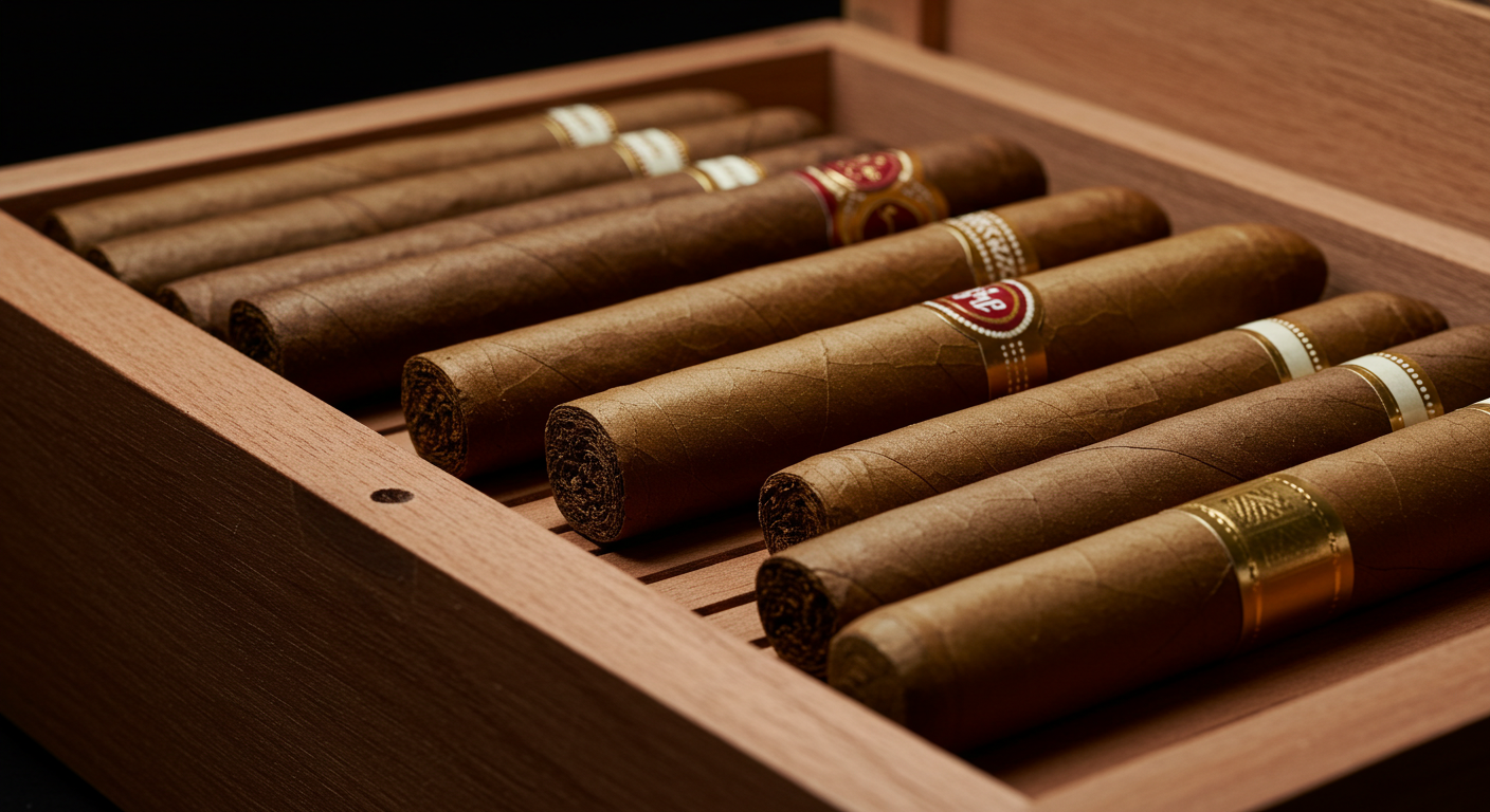 Close-up of a selection of premium cigars with a humidor and lighter, showcasing different cigar types