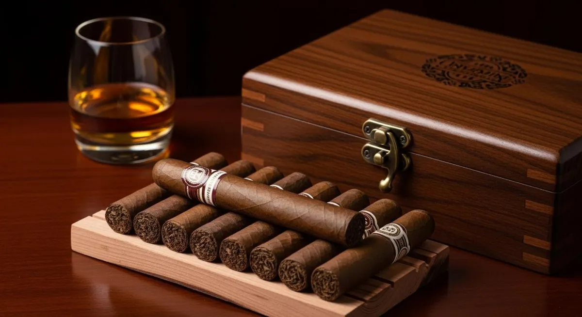 A beautifully arranged cigar gift set, perhaps with a nice drink in the background, exuding sophistication and warmth