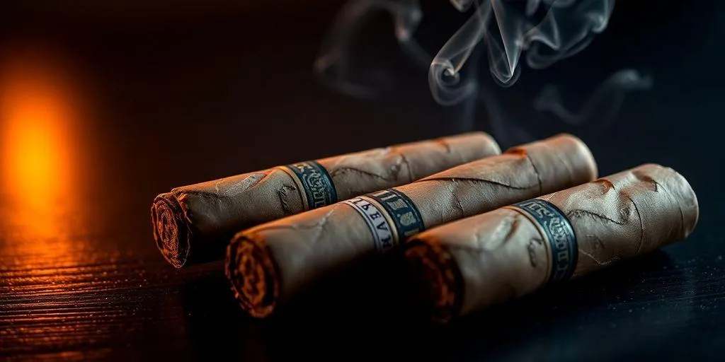 Close-up of three burning cigars and wisps of smoke