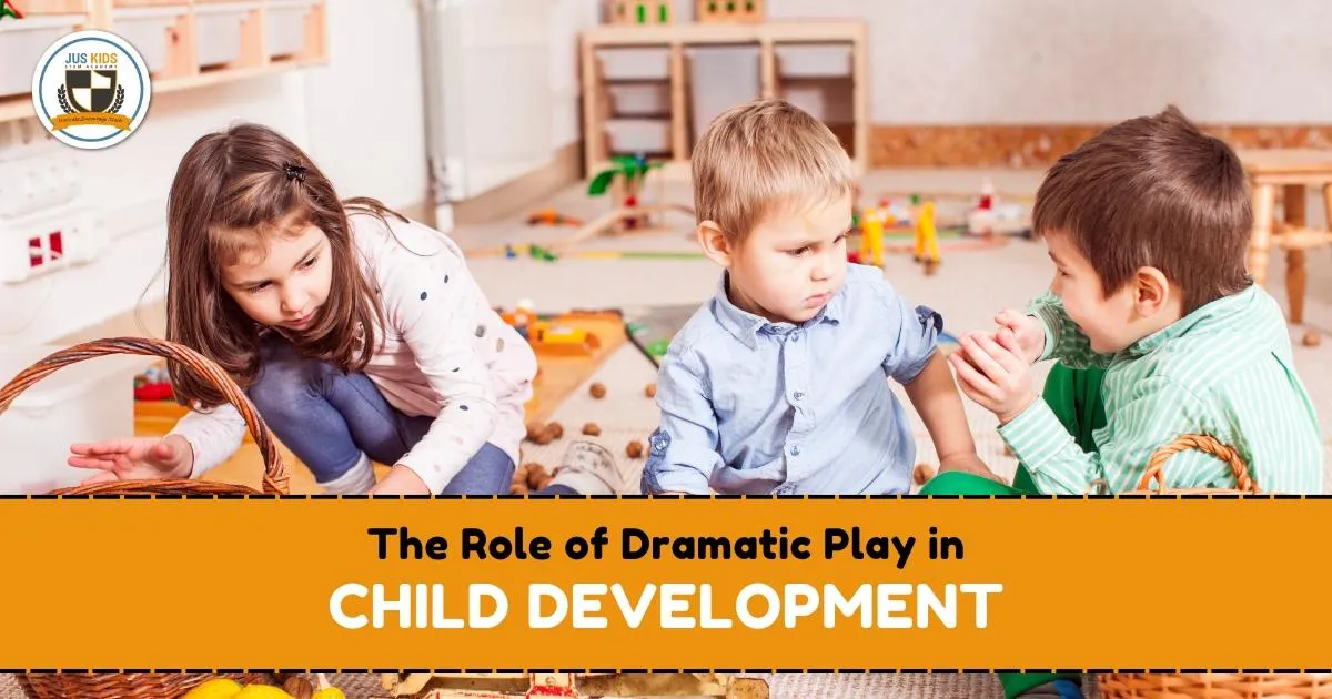 Three young children are engaged in dramatic play with baskets and toys in a classroom setting. One girl looks focused while two boys interact closely. Text overlay reads ‘The Role of Dramatic Play in Child Development’ with the Jus Kids International School logo in the top left corner.