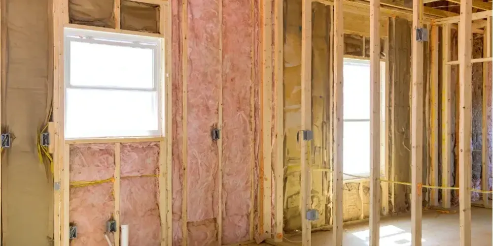 Fiberglass batt insulation installed between wall studs in a residential home under construction to enhance energy efficiency and indoor comfort.