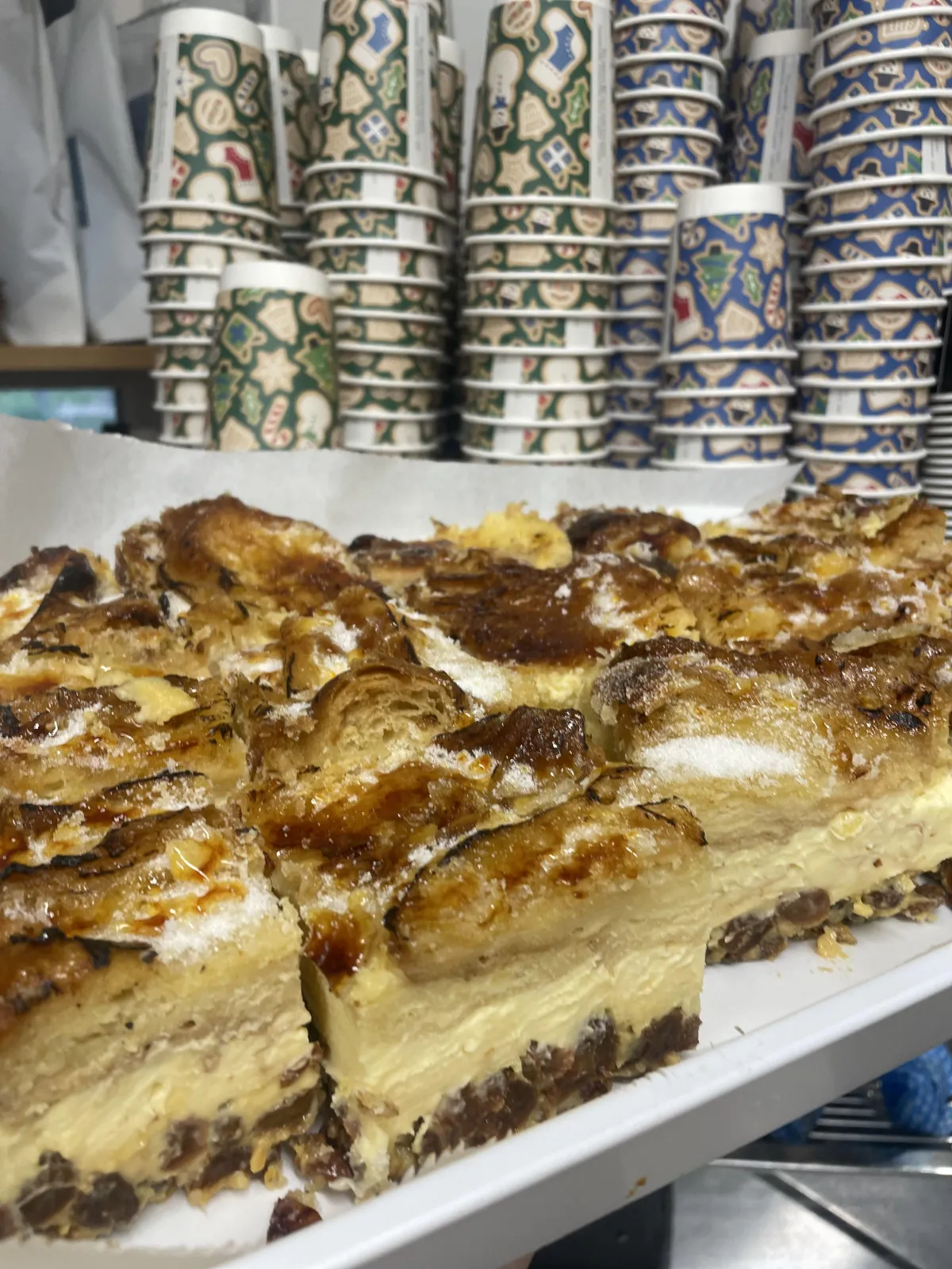 A golden, caramelised bread and butter pudding with a brûléed top, soft custard soaked layers, and plump raisins, served warm in a rustic dish