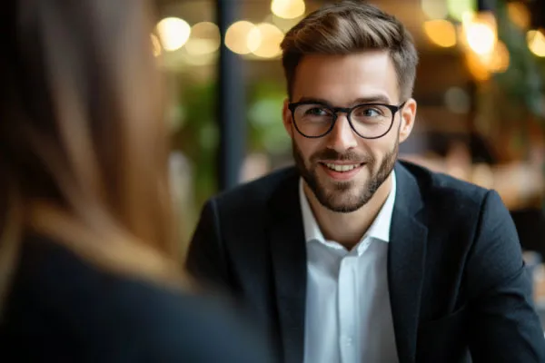 Business professional using subconscious influence in a conversation, demonstrating persuasive body language.