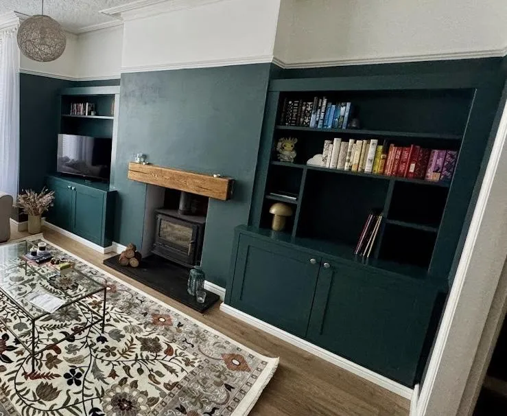Bespoke fitted alcove units in a luxury Yorkshire home, showcasing JAX Bespoke's custom joinery craftsmanship with integrated shelving and storage solutions in a contemporary living space