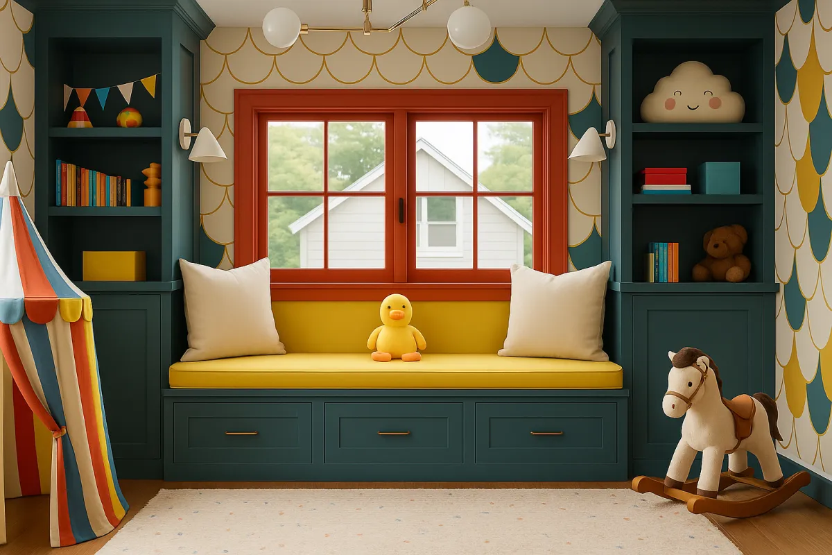 Children’s playroom with navy fitted alcove units either side of the window with open shelving and cupboard doors for hidden toy storage and under window seating