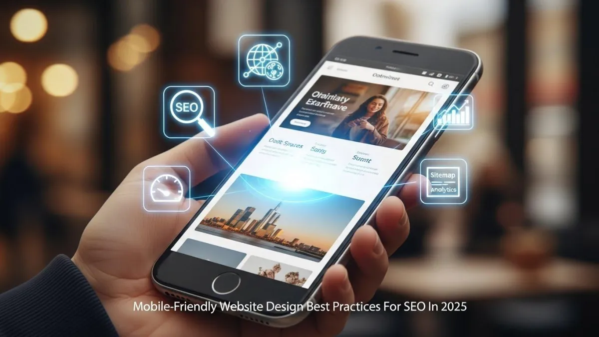 Young professionals collaborating on mobile website design and SEO in a vibrant office.