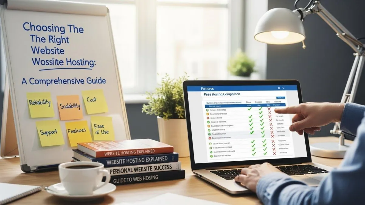 Diverse professional in home office, focused on laptop with website hosting notes and colorful calendar.