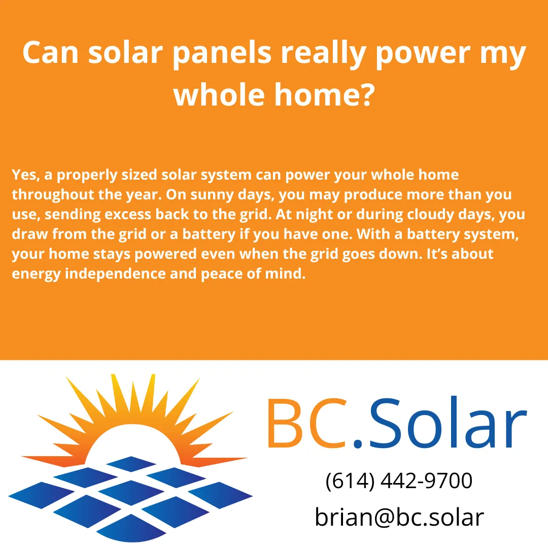 Find out if a solar panel system can fully power your home in Columbus, Ohio. Learn how it works with the grid, batteries, and your energy usage.