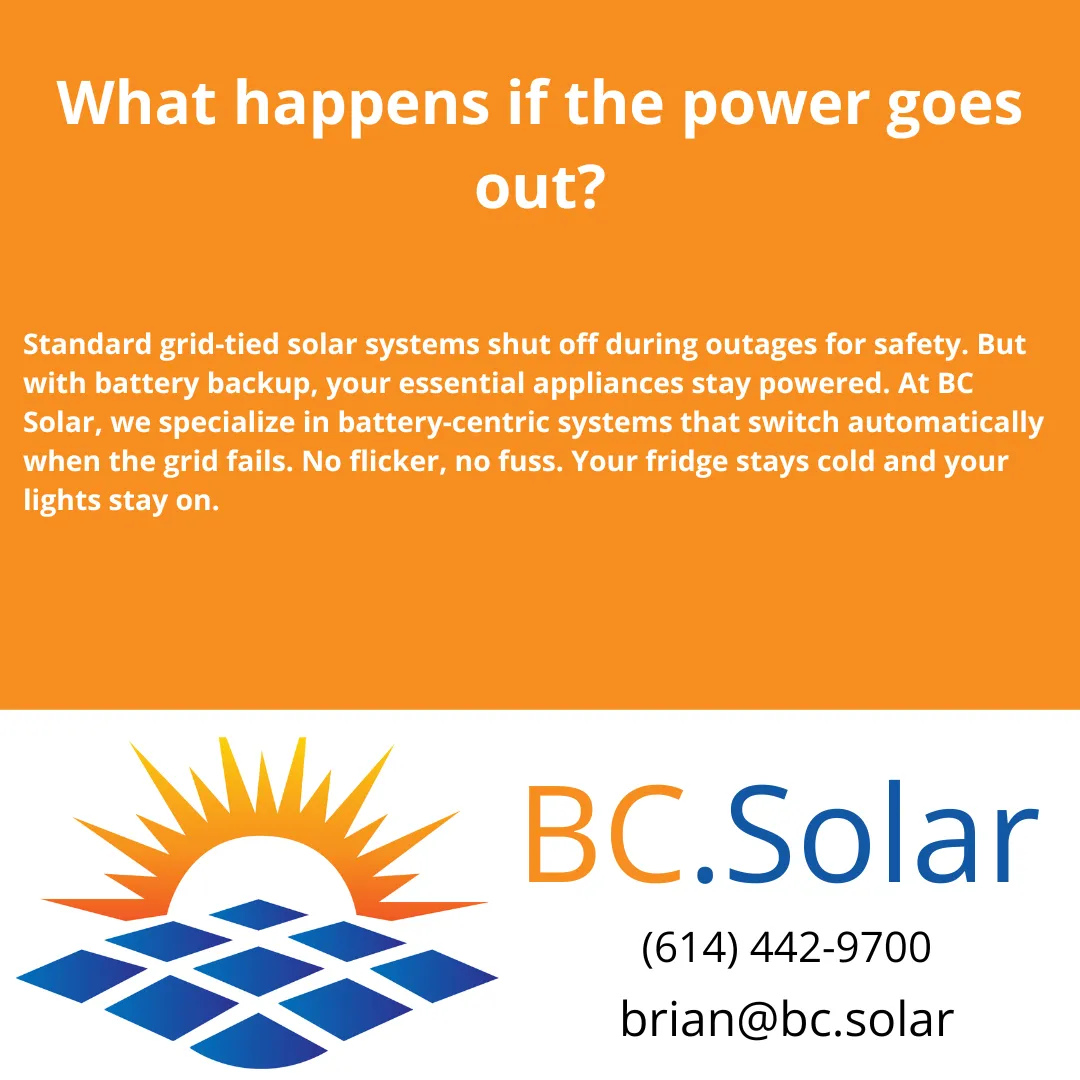 Learn how grid-tied solar systems behave during an outage—and how battery backup from BC Solar in Columbus keeps your power running.
