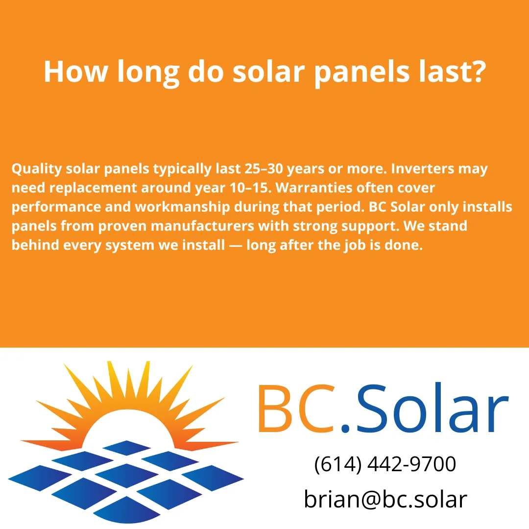 Wondering how long residential solar panels last in Columbus, Ohio? Learn what impacts their lifespan, warranty info, and how BC Solar supports you long after installation.