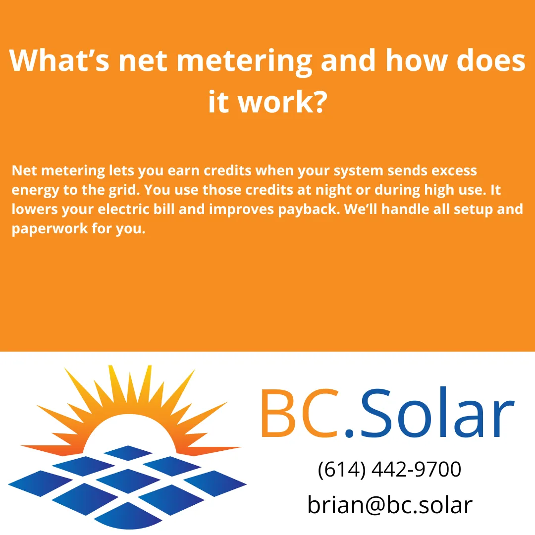 Learn how net metering works with residential solar panels in Columbus, Ohio. BC Solar explains the savings, setup, and how we handle it all for you.