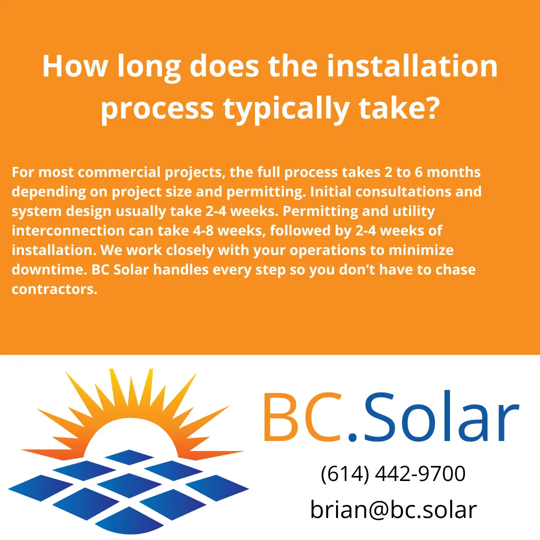Learn the timeline for commercial solar panel installation in Columbus, Ohio, including key steps, delays to watch for, and how BC Solar simplifies the process.