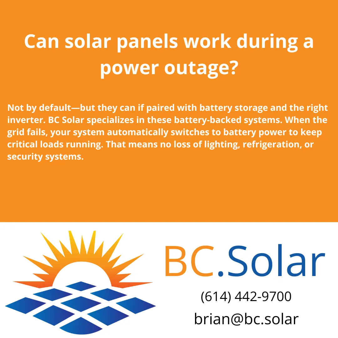 Learn whether solar panels alone can power your business during a blackout—and how BC Solar in Columbus, Ohio installs battery-backed systems that keep your lights on.
