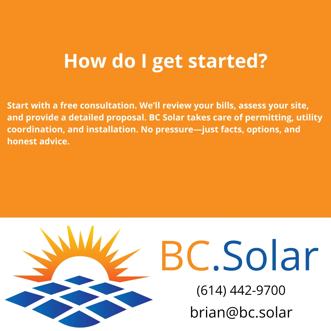 Curious about commercial solar in Columbus? Discover how to start your solar journey with BC Solar — from your first consultation to final installation.