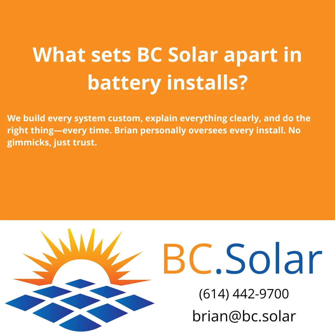 Discover why Columbus homeowners trust BC Solar for custom home battery backup installations. Transparent, honest, and personally overseen by owner Brian Zaayer.