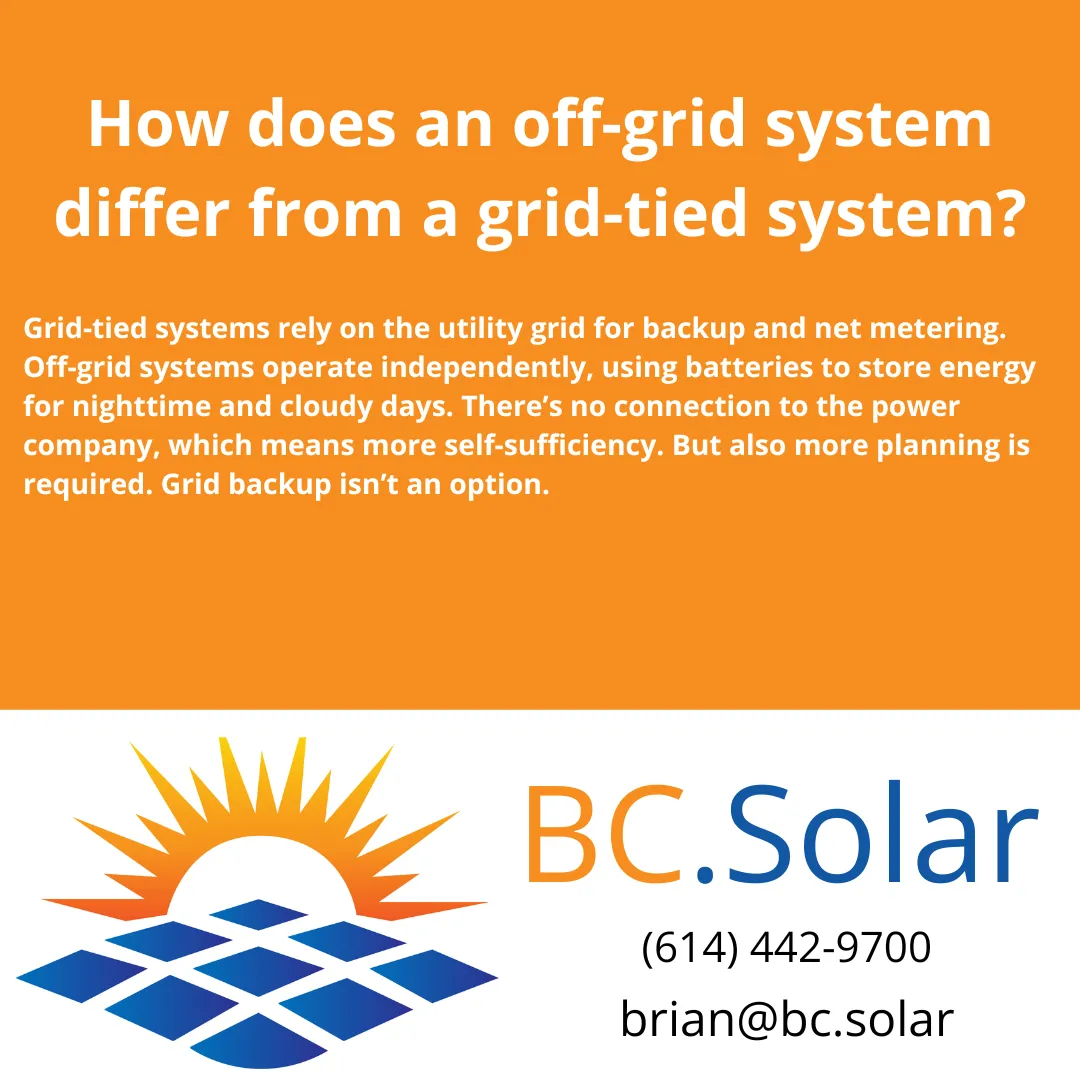 Learn how off-grid solar systems work compared to grid-tied setups. Explore energy independence, backup options, and system planning for Columbus homes.
