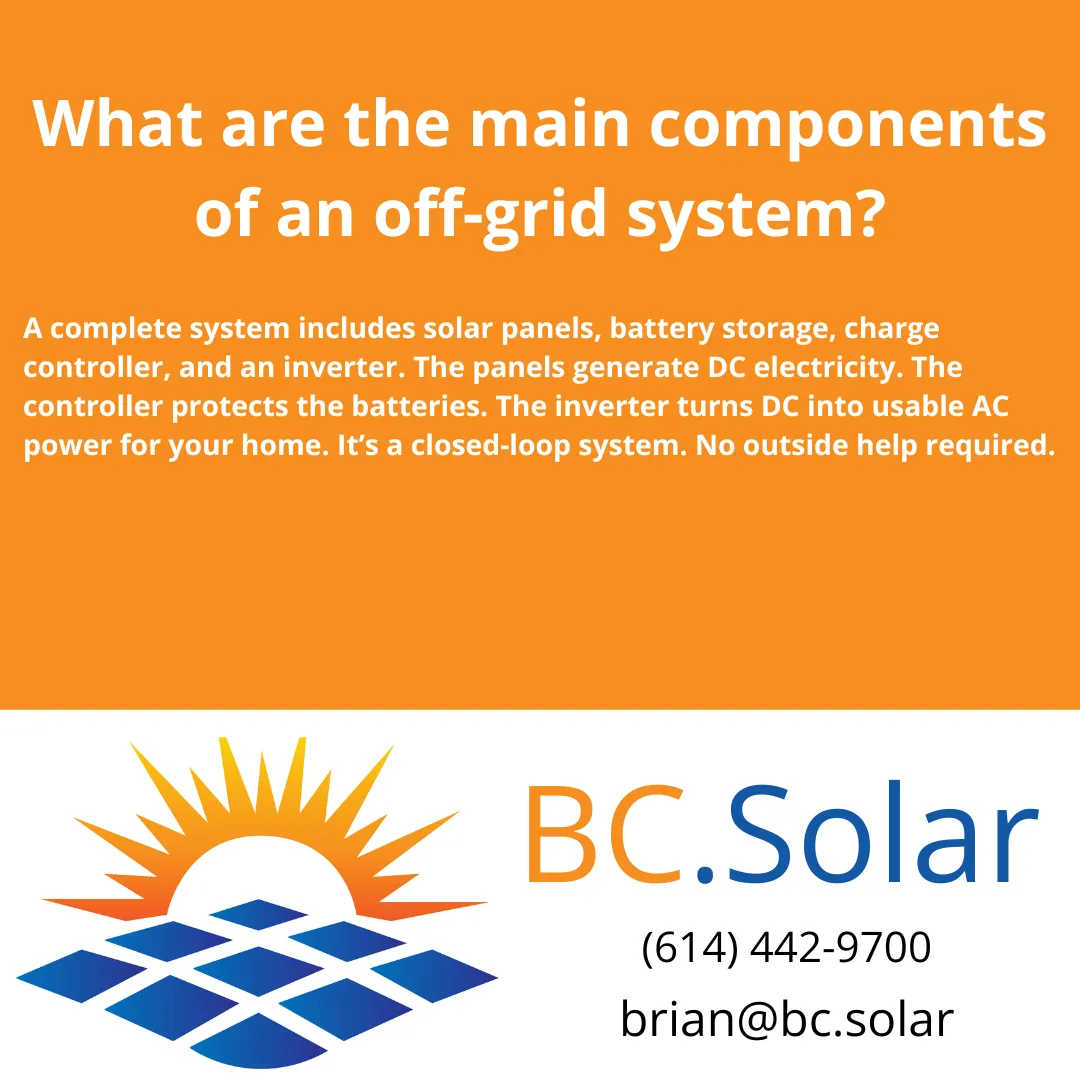 Learn what makes up a complete off-grid solar system for your Ohio property. BC Solar explains each component in plain terms.