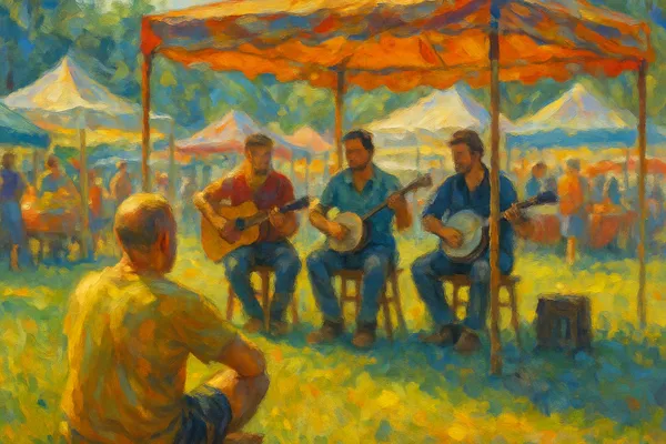 Impressionistic painting of a sunny farmer’s market with three musicians playing live music, surrounded by vibrant summer colors and a relaxed, joyful atmosphere.