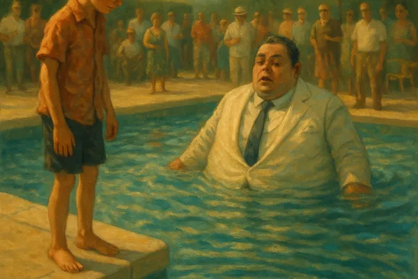 Impressionistic oil painting of a white-suited man in a Panama hat standing near a sunlit swimming pool, evoking themes of mystery, memory, and transformation.
