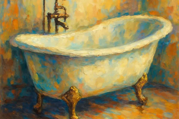Porcelain bathtub beneath tall windows, storm rain streaking the glass—quiet, vulnerable, and sacred.