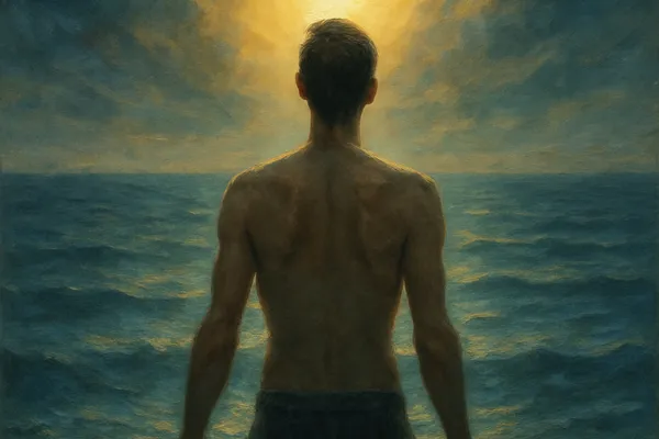 A lone figure waist-deep in the Atlantic Ocean, light shimmering on the water, conveying the spiritual moment of hearing God’s voice and finding home.
