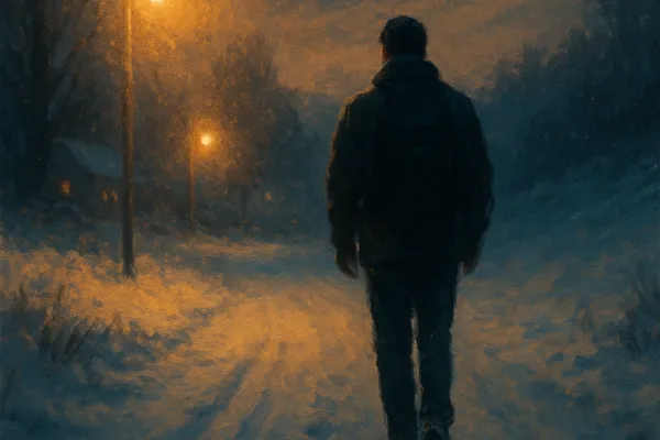 Cover image for The Flight of Faith story—man walking before dawn through snow and light, representing faith, courage, surrender, and spiritual awakening.