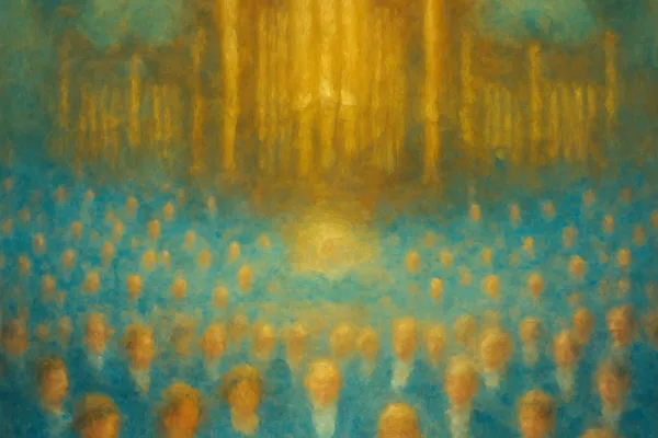 Impressionist painting of a lone figure walking down a glowing aisle inside a grand religious hall, framed by soft golden light and tall architectural arches.