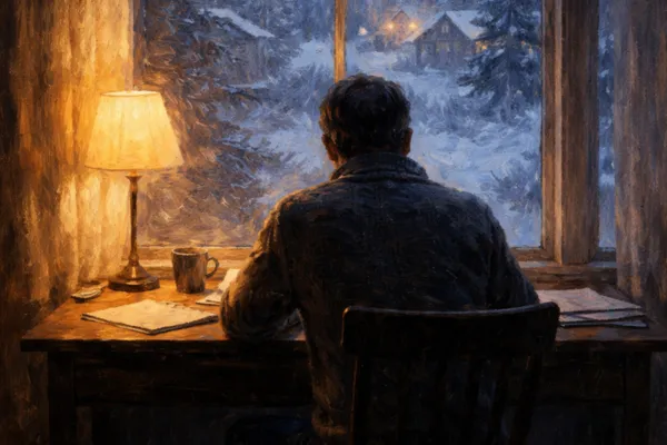A lone figure writes by a window as winter light enters the room, an impressionistic moment of solitude and reflection.