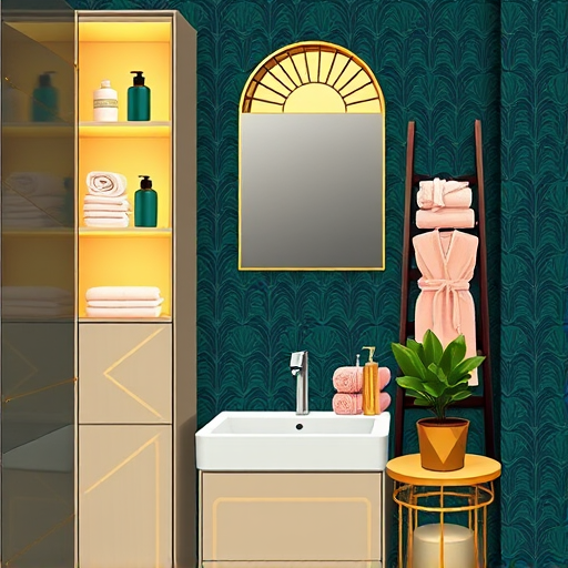 A vibrant, visionary depiction of an eco-friendly bathroom renovation scene featuring sustainable design elements. The modern bathroom showcases a floating, organic-shaped bathtub made from reclaimed wood, with cascading waterfalls of clear water, surrounded by lush moss and creeping plants spilling onto polished stone floors. A leaf-shaped bioplastic sink sits beneath a mirror embedded with tiny bioluminescent dots, suggesting advanced eco-technology. Large windows reveal a thriving garden with ferns, flowering vines, and abstract trees exhibiting intricate patterns that symbolize harmony with nature. Quirky details include floating soap bubbles reflecting tiny solar panels, a bamboo toilet paper holder crafted from intertwined branches, and a small smiling drone tending plants, emphasizing innovation and ecological consciousness. The scene’s soothing color palette features emerald green, soft earth tones, gentle blues, and luminous lime accents, creating a calm yet inspiring atmosphere that celebrates sustainable, forward-thinking bathroom design with a playful, dreamy quality in a visionary art style.