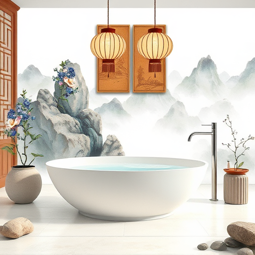 A serene and culturally rich scene depicting expert bathroom remodelers in North Richland Hills, Texas, illustrated in the style of Chinese Brush Painting. The image features a modern bathroom with a sleek bathtub adorned with delicate plum blossoms symbolizing renewal, floating watercolor whirlpools, and gentle ripples conveying calmness. Stylized fixtures emerge from misty, textured mountain backgrounds. Ornate Chinese lanterns hanging from the ceiling cast a soft glow, enhancing the inviting atmosphere. A traditional brushwood screen decorated with Texas bluebonnets adds regional charm. Details include lush bamboo plants in pots, a Chinese-style faucet with flowing ink lines, and river stones lining the bathroom floor, all emphasizing craftsmanship and artistic mastery. The color palette includes muted ink tones, soft blues, gentle greens, and warm ochre, creating an overall mood of tranquility, sophistication, and expert remodeling craftsmanship.