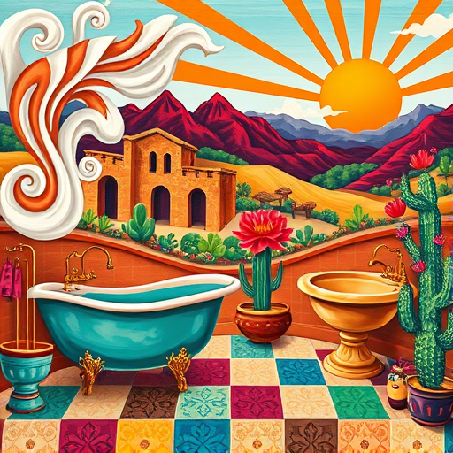 A vibrant Mexican mural-style artwork featuring two stylized bathrooms intertwined within a lively, dreamlike landscape. The scene includes exaggerated bathroom elements such as clawfoot tubs, ornate sinks, and shiny faucets rendered with bold lines and rich hues of turquoise, terracotta, and gold. whimsical steam clouds swirl upward, shaped like playful swirls and dollar signs, symbolizing remodeling costs. Ancient stone walls and arches decorated with traditional Mexican patterns blend seamlessly with modern fixtures, representing the fusion of old and new in home renovation. Surreal, smiling tiles with expressive eyes and lively patterns add quirky personality and energy. The background displays a colorful landscape with vibrant mountains and a radiant sun in warm reds, oranges, and yellows, evoking warmth and optimism. Additional motifs include colorful cacti, swirling folk art patterns, and intricate tile designs, emphasizing craftsmanship and creativity. The overall composition is lively, playful, and inspiring, reflecting themes of remodeling and design through a culturally rich, energetic visual inspired by Mexican muralism.