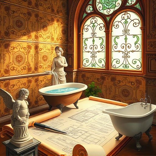 Whimsical ArtBrut-style illustration of a modern walk-in bathtub installation in a cozy, sunlit bathroom. Bold, exaggerated lines and raw textures highlight the sleek, shiny bathtub with playful proportions. Surrounding it are oversized tools—wrenches, bolts, and colorful paint splashes—enhancing the quirky, energetic atmosphere. Floating bubbles and reflections convey freshness and cleanliness. Abstract patterns on the walls suggest attention to detail, while whimsical scaffolding and stylized pipes depict ongoing renovation. The vibrant color palette of yellows, reds, blues, and whites creates an inviting, lively mood. Humorous details, such as a smiling toolbox and a cartoon water droplet inspecting the scene, add charm. The artwork balances professionalism with playful creativity, emphasizing expert yet approachable bathroom upgrades in a distinctive ArtBrut aesthetic.