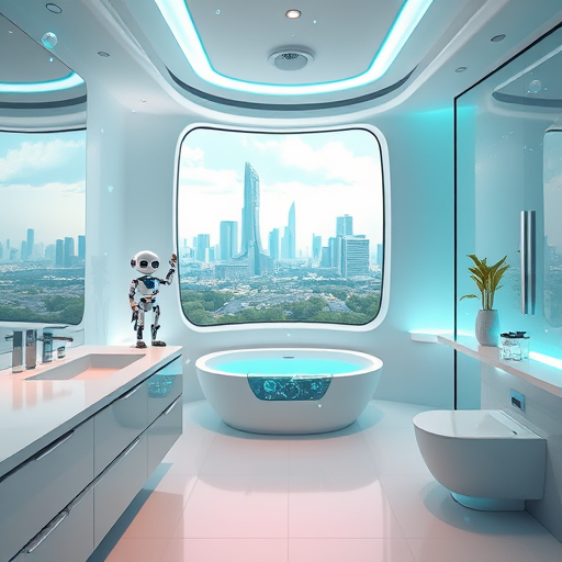 A futuristic, high-tech bathroom in Euless, Texas, featuring smooth, curved surfaces, floating holographic control panels, and sleek, self-cleaning tub and shower units with glowing accents. The spacious, pristine environment is illuminated by ambient LED lighting shifting through calming teal and cool silver hues. A playful robotic helper with cartoonish eyes interacts with a transparent digital blueprint of the bathroom. Panoramic windows reveal a stylized, futuristic Euless skyline with elongated skyscrapers and rooftop gardens. Subtle details include floating soap bubbles with digital shimmer, abstract petal-like metal fixtures, and a vibrant cool-toned color palette of silvers, teals, and pastels, blending modern luxury, innovation, and whimsical design.