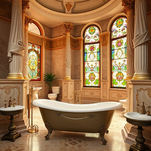 A luxurious High Renaissance-style bathroom interior featuring ornate marble walls with gold accents and classical motifs reminiscent of Renaissance cathedral decoration. The spacious room includes a vintage clawfoot bathtub surrounded by flowing drapery and antique fixtures, illuminated by warm, golden lighting that highlights craftsmanship. Playful details such as shiny vintage soap dishes and a miniature cherub holding a soap bar add charm. The background showcases towering columns, intricately carved moldings, and polished surfaces, blending timeless artistry with modern comfort. Soft natural light filters through stained-glass windows with floral designs, casting colorful patterns and creating an elegant, serene atmosphere. Warm earth tones—golds, browns, whites, with hints of emerald and sapphire—enhance the sense of timeless luxury and inviting ambiance. Overall, the scene exudes mastery in craftsmanship, combining historical grandeur with contemporary quality, perfect for showcasing premium bathroom renovations.