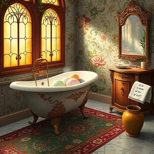 A whimsical, meticulously detailed scene of a vintage-inspired bathroom interior rendered in the lush, romantic style of the Pre-Raphaelite Brotherhood. The ornate bathroom features frosted stained-glass windows with floral motifs, casting warm, golden light. At the center, an intricately decorated clawfoot tub brimming with colorful bath bombs and steaming water is surrounded by gilded fixtures entwined with ivy and blooming roses. A tall, elaborate mirror reflects a handwritten checklist on parchment, decorated with playful checkmarks and doodles of bubbles and soap suds, symbolizing New Year bathroom renovation resolutions. The marble floor is topped with a luxurious Persian-style rug in rich reds, deep greens, and soft creams. An antique wooden vanity displays vintage perfume bottles, artisanal soap bars, and a tiny potted succulent with a miniature brush cap, adding charming personalization. The background reveals elaborate wallpaper inspired by Pre-Raphaelite floral designs, intertwining vines and blossoms creating a lush, enchanted atmosphere. A decorative towel embroidered with symbols of cleanliness enhances the festive, hopeful mood. The color palette features jewel tones—emerald green, ruby red, sapphire blue—accented with soft creams and warm golds, evoking tranquility, renewal, and personal growth in a visually captivating, fantastical environment.