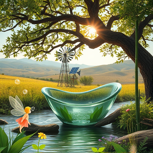 A minimalist bathroom scene illustrating regional design trends in Benbrook, Texas, featuring modern fixtures and subtle local influences. The image includes a sleek, freestanding bathtub with gentle curves, a streamlined vanity with clean geometric shapes, and a wall-mounted faucet. Large windows reveal a Texas landscape with soft, warm hues in the sky and faint silhouettes of oak trees or backyard elements. Quirky touches include a cactus-shaped soap dispenser and a tiny stylized guitar resting against the wall, reflecting local culture. The palette comprises sandy beige, soft terracotta, and crisp white, creating warm, tranquil tones. Natural sunlight enhances the space with gentle shadows, highlighting simplicity and elegance. Small decorative plants like a hanging vine or potted succulent add natural regional flair. The art style features flat, smooth surfaces, minimalist line work, and thoughtful negative space, conveying a serene, modern aesthetic with subtle Texan personality, perfect for a regional bathroom design blog cover.