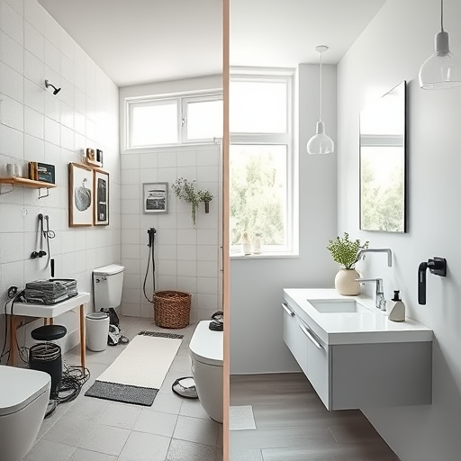 A split-view image of a bathroom showing a dramatic before-and-after transformation. On the left, a cluttered, dated bathroom with worn tiles, faded colors, a crowded vanity with mismatched accessories, tangled cords, and a chaotic atmosphere. On the right, a modern, minimalist bathroom featuring clean lines, smooth surfaces, and a monochromatic palette of soft whites, gentle greys, and subtle matte black accents. The redesigned space includes sleek fixtures, minimal decor, and cleverly concealed storage, emphasizing simplicity and elegance. Small decorative touches, such as a floating plant and a geometric soap dispenser that resembles a sculpture, add personality without clutter. The background reveals a softly lit, airy room with large windows diffusing natural light, enhancing the tranquil and organized feel. The composition highlights contrast and harmony through subtle shadows and highlights, capturing an inspiring transformation towards calmness, order, and minimalist sophistication.