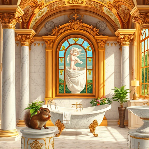 A detailed Renaissance-style illustration showcasing the planning stages of a bathroom renovation. The scene features an ornate classical drafting table covered with blueprints, architectural scrolls, a vintage compass, quill, and magnifying glass, symbolizing careful design and precision. Nearby, an ancient basin with flowing water represents functional and aesthetic bathroom features. Elegant marble cherub statues examine the plans, adding a playful yet refined touch. The background displays a grand tiled wall with intricate, swirling fresco motifs, subtly integrating plumbing diagrams into the artwork. Soft natural light filters through stained glass windows, casting warm hues of gold, terracotta, and emerald, creating an atmosphere of calm professionalism and grandeur. Whimsical details include a tiny owl holding a scroll and a miniature vintage clawfoot bathtub model, enhancing the scene's charm. The overall image emphasizes meticulous craftsmanship, artistic elegance, and the detailed planning involved in a bathroom renovation, rendered in rich earth tones, aged golds, and jewel tones characteristic of Renaissance artistry.