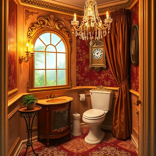 A highly detailed Baroque-style interior of a tiny, windowless bathroom showcasing clever design solutions. The small space features ornate gilded moldings and intricate marble patterns that evoke luxury and grandeur. Walls are decorated with elegant, curved mirrors framed with elaborate scrollwork, reflecting warm candlelit tones that create a cozy ambiance. A faux window carved into the gilded wall humorously depicts a sunny landscape, emphasizing artificial lighting presence. Vintage-inspired brass sconces with elaborate fixtures emit a golden glow, complemented by hidden, shimmering LED strip lights behind ornate cornices for layered lighting effects. The vintage pedestal sink with swirling gold accents and an ornate, compact toilet feature fluted columns and detailed carvings, adding richness to the décor. Quirky touches include a small, ornate plant stand with a lush, overgrown fern and a decorative, exaggerated chandelier with sparkling crystal elements hanging from the ceiling, highlighting opulence with a humorous twist. The environment is adorned with deep crimson and gold damask wallpaper and intricately tiled floors with swirling floral motifs. A tiny, ornate clock with a whimsical face peeks out from behind a decorative curtain, further emphasizing playful ingenuity. The scene embodies a playful yet sophisticated Baroque aesthetic with dramatic lighting, plush textures, and a warm color palette of golds, deep reds, and velvety browns, transforming a compact, dark bathroom into a lavish, functional retreat.