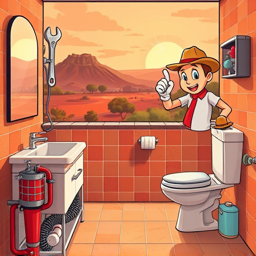 A vibrant digital art scene depicting emergency bathroom renovation services in Aledo, Texas. The stylized bathroom interior features playful, exaggerated elements, including a giant wrench and swirling colorful plumbing pipes around a partially dismantled sink and a shimmering toilet. A sleek modern vanity with warm earthy tilework is adorned with whimsical details like tiny cowboy hats on faucets and fish-shaped tiles in the grout, adding Texan charm. In the background, rugged landscape with rolling hills and a sunset-hued sky in oranges and blues evoke Aledo's scenic vistas. The energetic scene includes floating tools, a cheerful cartoon mascot in a hard hat giving a thumbs-up, and sparks of light, emphasizing quick, reliable service. The crisp 'DigitalArt' style uses bold outlines, smooth shading, and a warm color palette of sunset oranges, reds, blues, and browns, creating an inviting, confident atmosphere perfect for promoting emergency bathroom renovation services in Aledo.