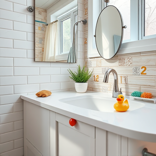 A hyperrealistic depiction of a modern bathroom showcasing affordable renovations. The scene features white subway tiles with subtle imperfections, paired with vibrant peel-and-stick wallpaper patterns that add personality. In the foreground, a budget-friendly composite vanity with colorful drawer handles stands out, complemented by an ornate vintage-style faucet used as a statement piece. A small ceramic plant holder with faux greenery adds freshness, while a mirror framed with painted wooden pallets reflects warm, soft lighting. A playful oversized sponge rests on the countertop, emphasizing a DIY spirit. The background reveals a cozy, slightly cluttered space with mismatched tiles and DIY tags, highlighting budget-friendly upgrades. Natural light filters through a frosted window, casting gentle shadows. The color palette includes calming aqua, sandy beige, crisp white, with pops of yellow and coral for vibrancy. The scene exudes an upbeat, resourceful mood, celebrating creativity in affordable bathroom remodels, accented with whimsical details like a vintage rubber duck near the sink.