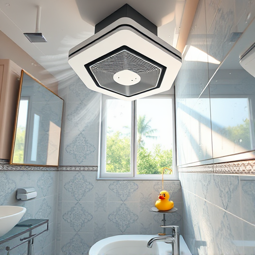 A hyperrealistic illustration of a bathroom focused on improving ventilation, featuring a modern, sleek exhaust fan prominently installed on the ceiling with detailed textures and subtle reflections. The scene depicts a humid environment with condensation on mirrors and glossy tiles, water droplets shimmering on surfaces. Animated cartoon steam clouds with expressive faces swirl gently toward the exhaust fan, adding a playful touch. The background showcases intricately patterned tiles reflecting ambient light, with an open window revealing lush greenery and a clear sky outdoors. Warm, natural lighting creates soft shadows, enhancing a calm, inviting atmosphere. Humorous details include a vintage rubber duck on the sink and a quirky smiley-faced soap dispenser. The color palette consists of calming blues, whites, and soft grays, accented with bright colors on the steam clouds and outdoor scenery. Delicate, almost invisible air currents are illustrated with swirling lines, emphasizing airflow pathways and solutions to poor bathroom ventilation. The hyperrealistic rendering captures minute textures such as water beads, matte tile finishes, and shiny metallic parts, creating an immersive image that highlights both the problem of inadequate airflow and the effectiveness of proper ventilation solutions.
