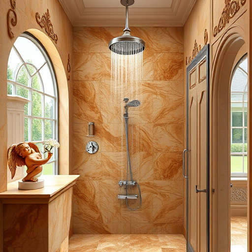 A Renaissance-inspired scene of expert bathroom remodelers in Euless, Texas, transforming a classic half-tiled bathroom into a luxurious, timeless space. The image features ornate stone and wood tools, including golden chisels, marble carving tools, and intricate piping, arranged as floating relics. In the foreground, a grand fountain with sculpted cherubs, subtly modernized with contemporary fixtures, symbolizes the harmony between tradition and innovation. An arched window framed by detailed tracery reveals a sunlit Texas landscape with rolling plains, cypress trees, and a distant city skyline. A carved wooden workbench holds blueprints, vintage paintbrushes, and gilded parchment, emphasizing craftsmanship. A regal Renaissance-style mirror reflects a pristine bathroom with elegant fixtures and decorative accents. The scene combines rich golds, deep reds, and creamy ivories, creating an opulent atmosphere enhanced by soft lighting that highlights textures and intricate details. Playful elements include a tiny bird perched on a vintage faucet and a lion motif within tile patterns, blending grandeur with modern renovation.
