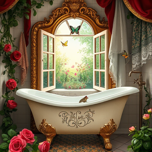 A luxurious vintage bathroom scene set in White Settlement, Texas, illustrated in the detailed, romantic style of the Pre-Raphaelite Brotherhood. The image features an ornate clawfoot bathtub with intricate gold fixtures, surrounded by lush, flowing emerald green and cream drapery that exudes opulence. The floor and walls are adorned with richly patterned medieval-inspired stone tiles, illuminated by warm, flower-shaped sconces. An elaborate gilded mirror reflects vibrant botanical arrangements of ferns and exotic flowers, adding lush greenery to the setting. Quirky details include a tiny ship-shaped antique soap dish and a porcelain teapot resting on a rustic wooden stool next to the tub, imparting a whimsical charm. The background showcases a window with semi-transparent lace curtains, allowing soft Texas sunlight to cast gentle shadows, enhancing the scene's dreamy atmosphere. The color palette highlights jewel tones—deep blues, rich reds, lush greens, and warm golds—creating an inviting, regal ambiance. The overall style emphasizes flowing lines, detailed textures, and a romantic, mythical quality, blending timeless elegance with playful vintage touches in this sophisticated bathroom design.