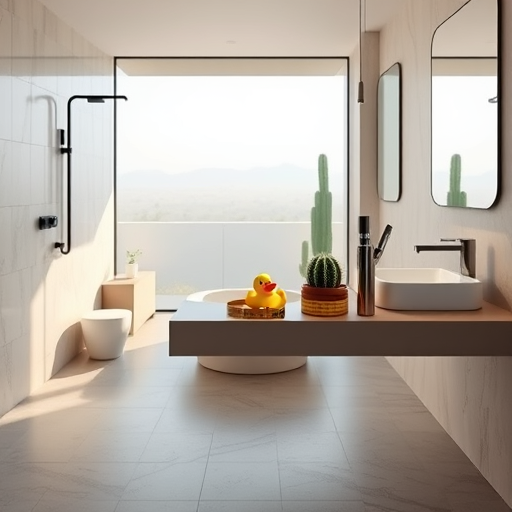A photorealistic image of a modern bathroom illustrating common remodeling questions. The scene features a sleek, white bathtub with chrome fixtures, set against elegant gray and blue subway tiles that create a calming atmosphere. Soft natural light filters through frosted glass windows, enhancing the fresh, tranquil mood. Next to the tub is a minimalist glass-topped vanity holding an open design magazine with slightly askew pages, inviting curiosity. Decorative details include a small potted plant with lush green leaves on a corner shelf and a vintage-style alarm clock with playful, exaggerated features on the countertop. In the background, a partially open cabinet displays organized bathroom essentials such as bottles, towels, and grooming tools, highlighting remodel planning considerations. The overall environment exudes professionalism and approachability, emphasizing clarity and confidence in bathroom upgrade decisions. The image’s cool tones—soft blues, warm whites, and gentle grays—combined with tasteful metallic accents, evoke freshness and tranquility, making it ideal for a blog cover addressing bathroom remodel questions with detailed, inviting realism.