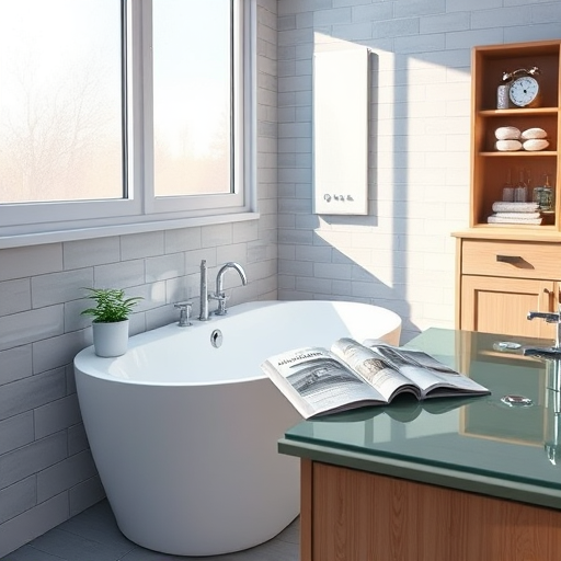 A modern bathroom interior featuring polished concrete floors, minimalist white fixtures, and matte black accents, with intricate patterned high-end tiling. Specialized tools such as wrenches, tiling trowels, and measuring tapes are artistically arranged on a floating shelf, each emitting a subtle glow that highlights craftsmanship and attention to detail. Soft ambient lighting emphasizes textures and casts gentle shadows, creating an inviting atmosphere. In the background, frosted glass reveals a sunny Texan landscape with cacti and desert flora, blending local scenery into the scene. Playful touches include a cartoonish rubber duck peeking from behind a faucet and a small cactus in a tiny toolbox, adding personality. The overall composition conveys confidence and approachability, with warm neutrals, crisp whites, earth tones, and bold black accents in a conceptual art style, emphasizing sophisticated bathroom renovation expertise in Colleyville, Texas.